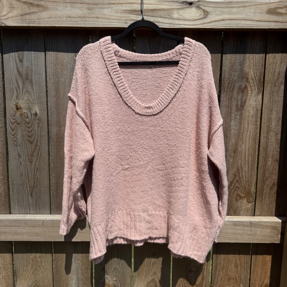 Pink V-Neck Oversized Knit Sweater Exposed Seam Pullover Medium